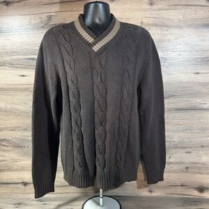 GAP Men's V-Neck Sweater Size Large Brown Cable Knit Cotton Wool Blend